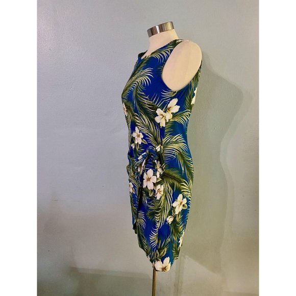 Royal Blue Hawaiian Mock Sarong Sheath Dress - Picture 2 of 7